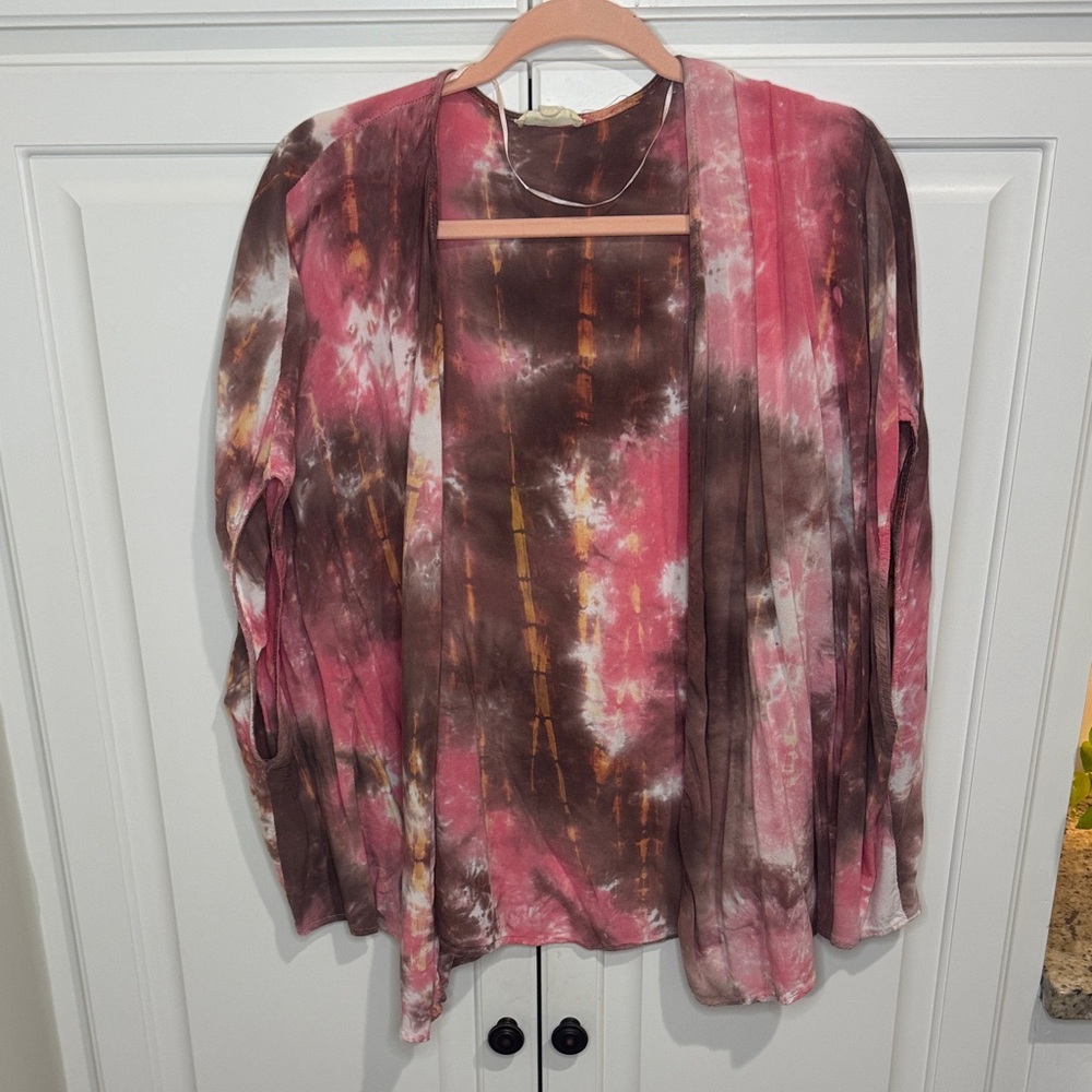 Hem & Thread Pink and Brown Tie-Dye Kimono